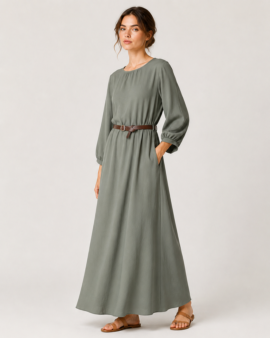 Rochie lungă uni cu mânecă 3/4 și cădere fluidă — All Above Boutique.