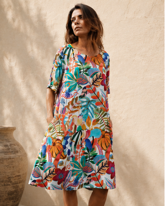 Rochie cu imprimeu tropical, croială lejeră și material ușor, vedere frontală — All Above Boutique.