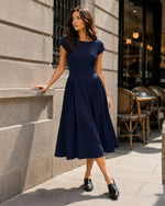 Rochie midi din viscoză bleumarin cu mânecă scurtă și cusături modelatoare, All Above Boutique