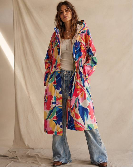 Parka windbreaker floral vedere spate, gluga ajustabila integrata, All Above Boutique