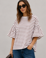 Tricou larg cu mâneci bufante și dungi, croială oversized, detaliu mânecă — All Above Boutique.