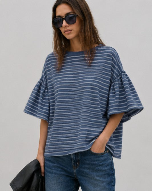 Tricou larg din bumbac cu mâneci bufante și dungi fine, croială oversized — All Above Boutique.