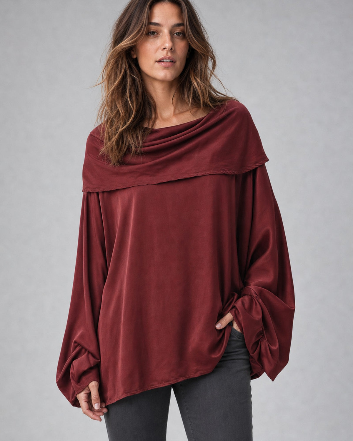 Bluză oversize din satin cu guler drapat, culoare roșu închis - All Above Boutique