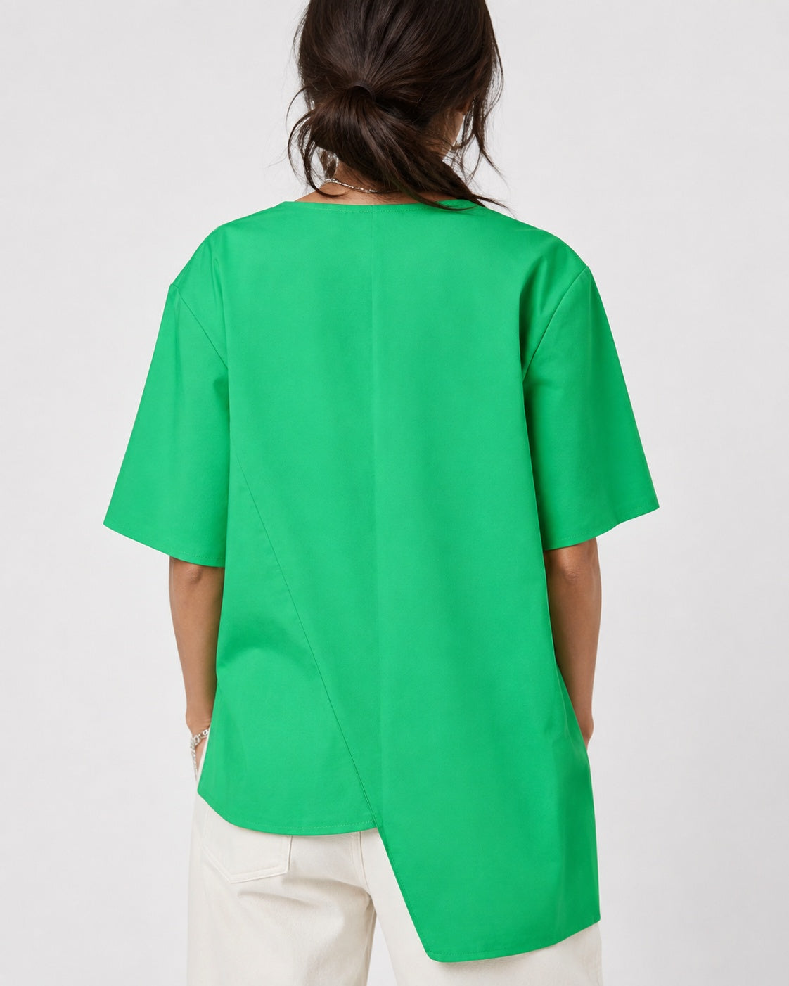 Bluză din poplin cu șiret pe talie și mânecă scurtă, nuanța verde, vedere din spate, All Above Boutique.