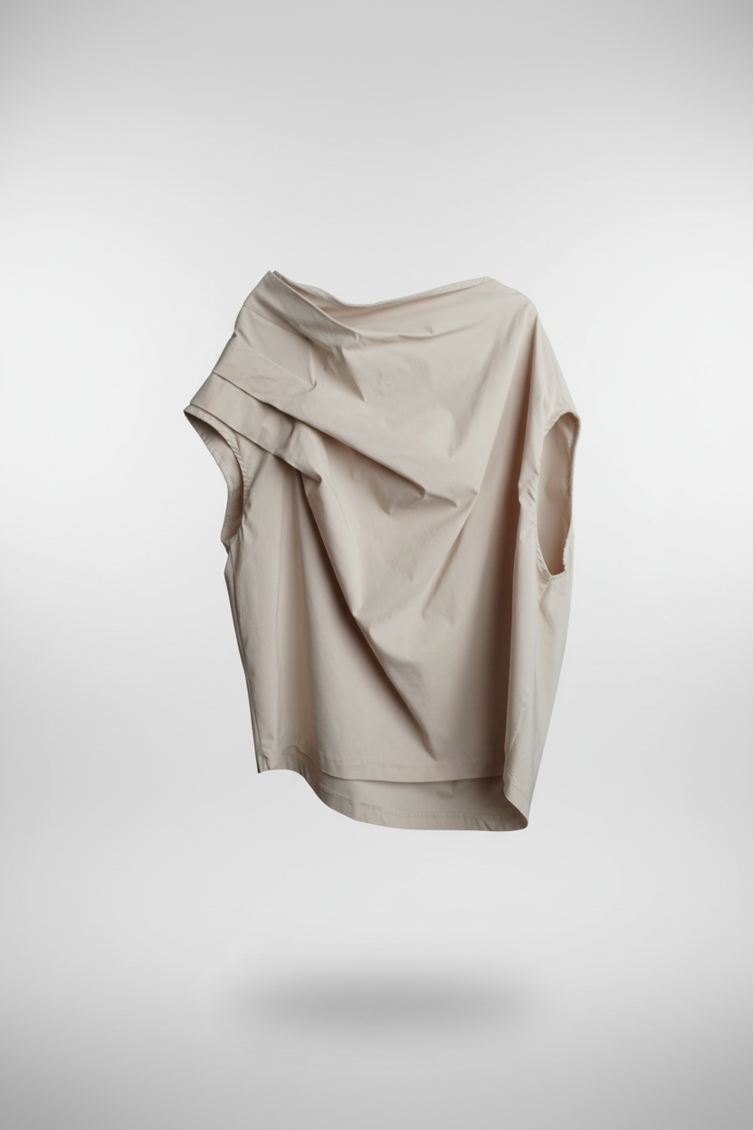 Bluză asimetrică bej cu croi modern și umeri căzuți