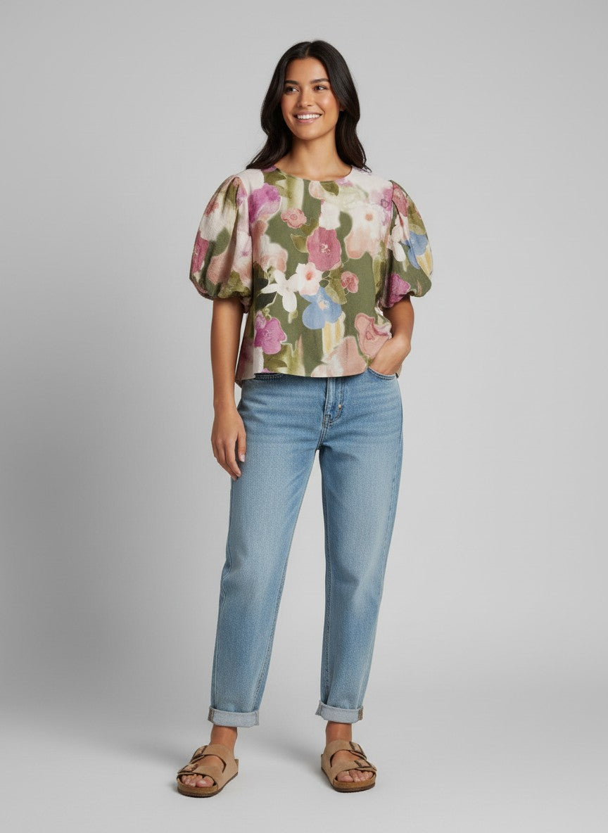 Bluză florală cu mânecă bufantă 3/4, vedere completă