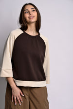 Bluză oversize maro cafea cu bej, design bicolor, stil casual