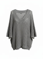 Bluză lejeră croșetată tip plasă gri cu decolteu în V