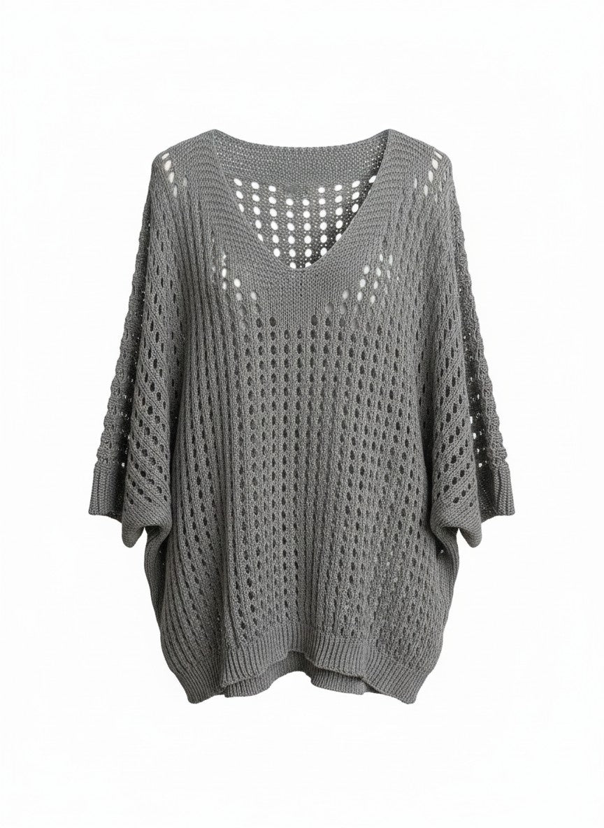 Bluză lejeră croșetată tip plasă gri cu decolteu în V