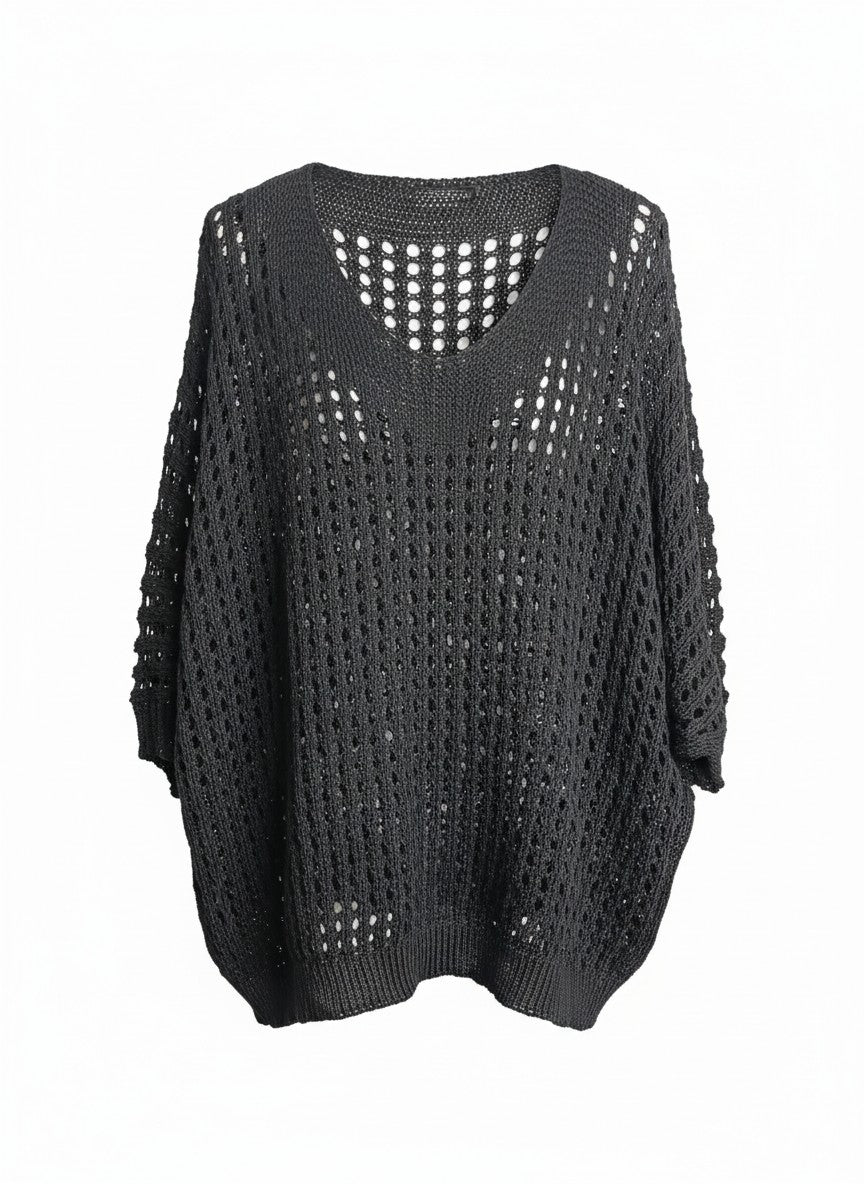 Bluză neagră croșetată tip plasă cu croială oversize