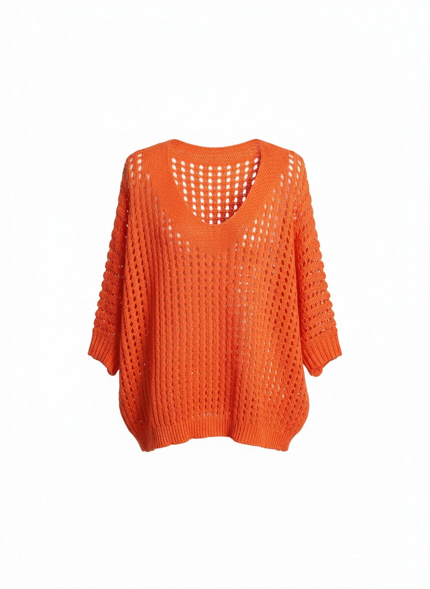 Bluză croșetată tip plasă portocalie lejeră de vară