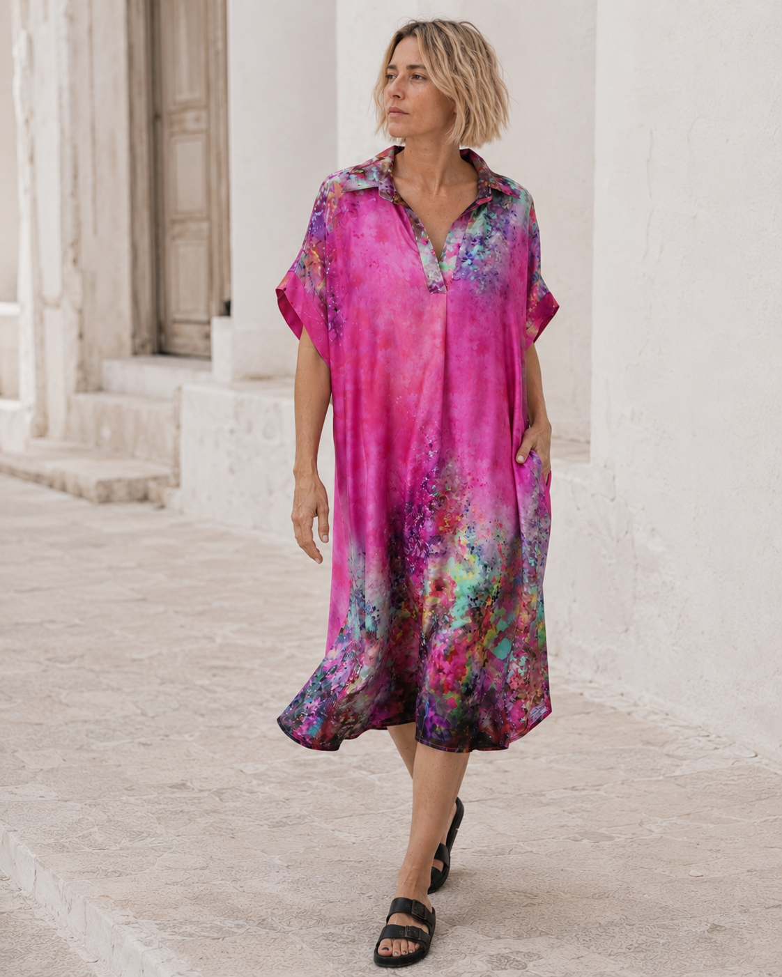 Rochie tip kaftan cu mătase și guler rever, vedere frontală. All Above Boutique.