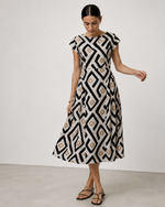 Rochie viscoza ivoire print romburi vedere laterala, cusaturi modelatoare silueta, All Above Boutique