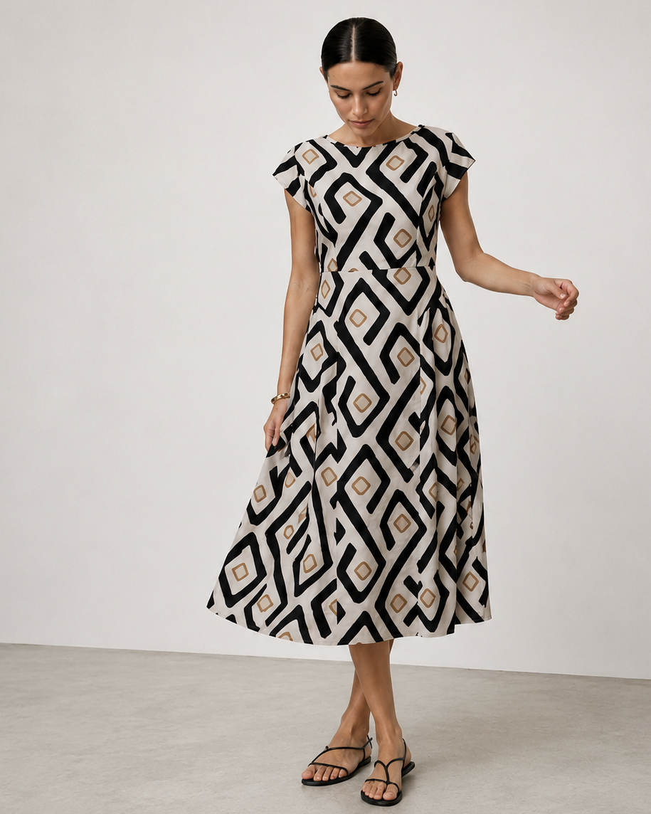 Rochie viscoza ivoire print romburi vedere laterala, cusaturi modelatoare silueta, All Above Boutique
