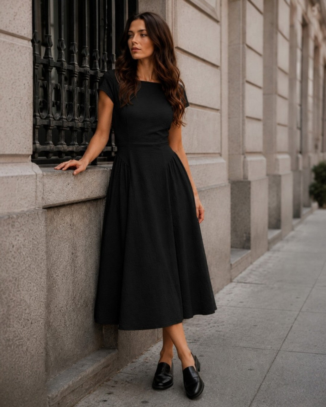 Rochie midi din viscoză neagră cu cusături modelatoare și mânecă scurtă, vedere frontală, All Above Boutique