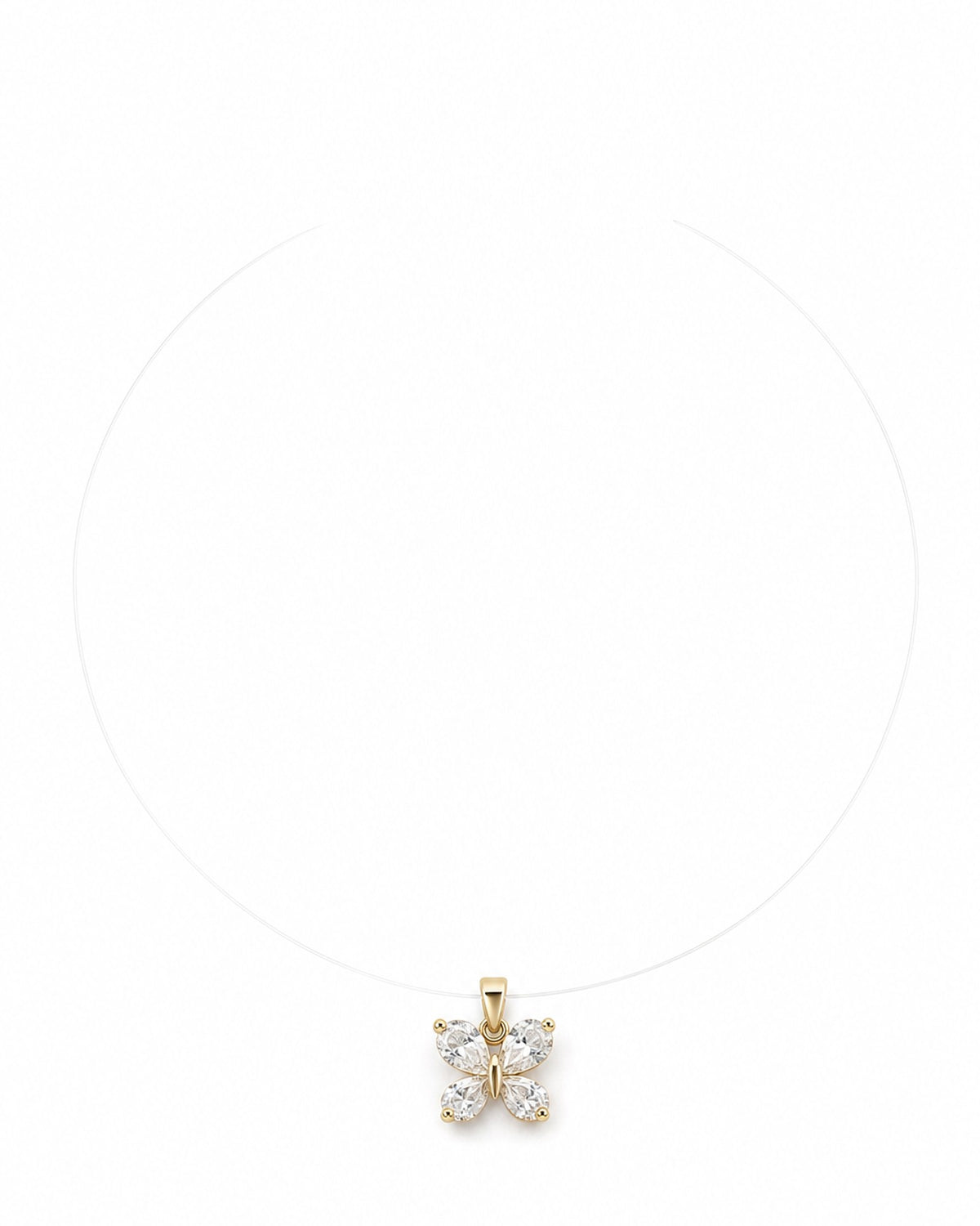 Colier pe fir de gută cu fluture din strasuri, auriu, pe fundal alb, All Above Boutique