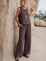 Compleu boem din in natural cu top decupat si snururi ajustabile pe talie, vedere frontala