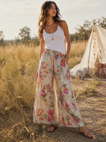 Pantaloni lungi evazați din in floral vedere laterală, croială fluidă boem, All Above Boutique