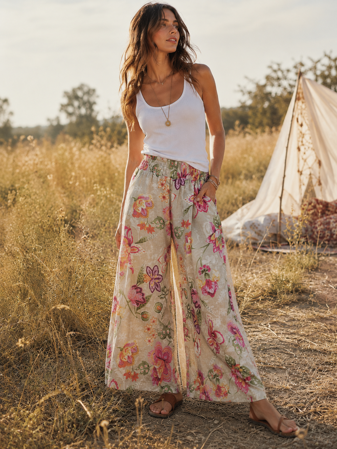 Pantaloni lungi evazați din in floral vedere laterală, croială fluidă boem, All Above Boutique