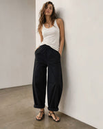 Pantaloni din bumbac croi barrel negru vedere frontala, talie elastica, All Above Boutique