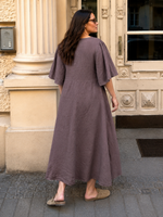 Rochie din in rosu inchis cu maneci evazate vedere laterala, croiala fluida vara, All Above Boutique