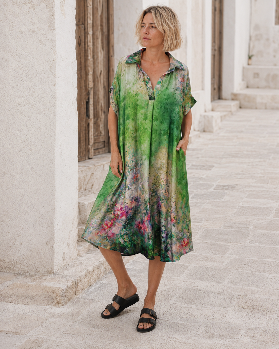 Detaliu guler rever și material mătase pe rochia kaftan. All Above Boutique.