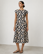Rochie din viscoza ivoire cu cusaturi modelatoare si print romburi, vedere frontala, All Above Boutique