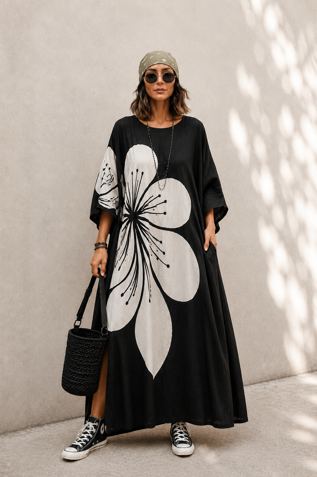 Rochie maxi fluidă kaki cu imprimeu floral, detaliu material și textură — All Above Boutique.