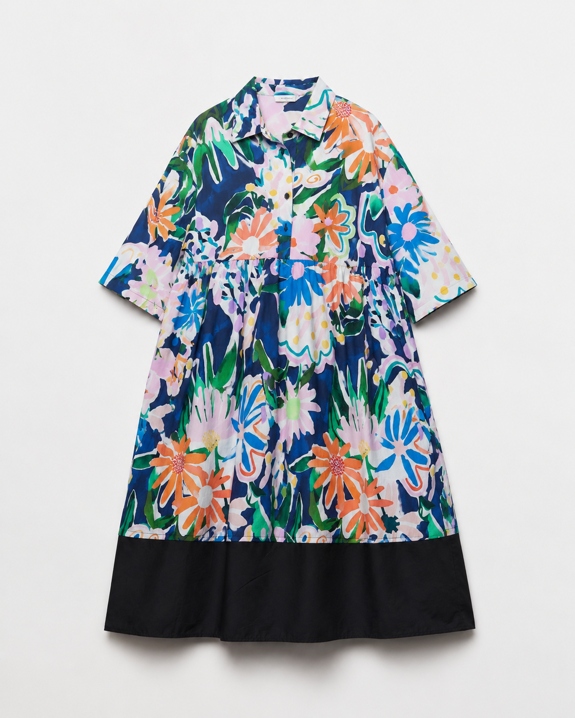 Rochie cămașă din bumbac cu imprimeu floral, detaliu material și volan negru — All Above Boutique.