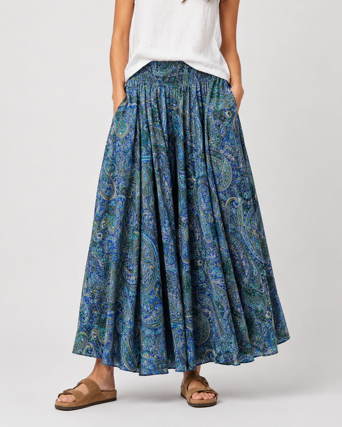 Fustă-pantalon largă cu imprimeu floral și talie elastică, culoare albastru indigo - All Above Boutique