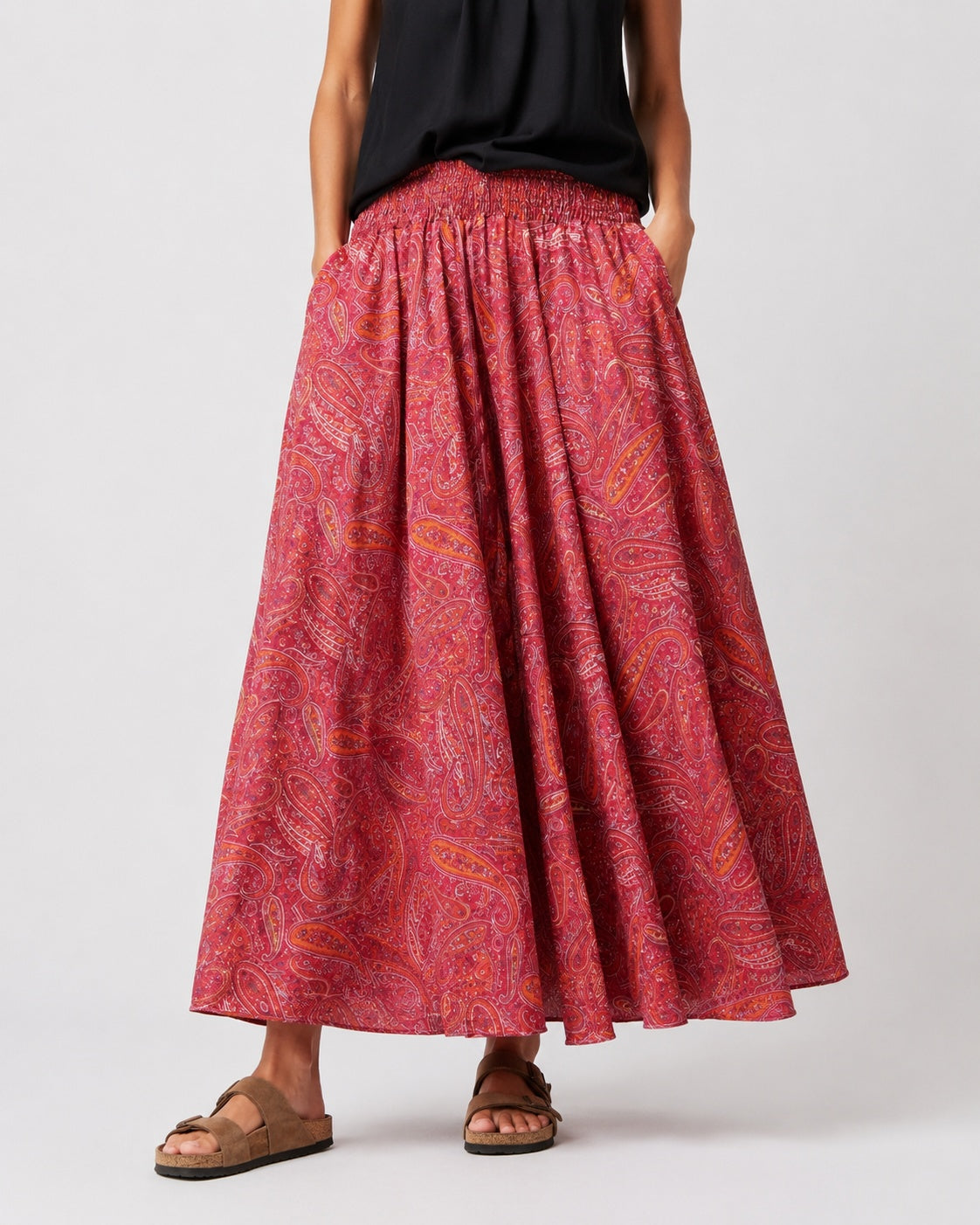 Fustă-pantalon largă cu imprimeu floral și talie elastică, culoare cărămiziu - All Above Boutique