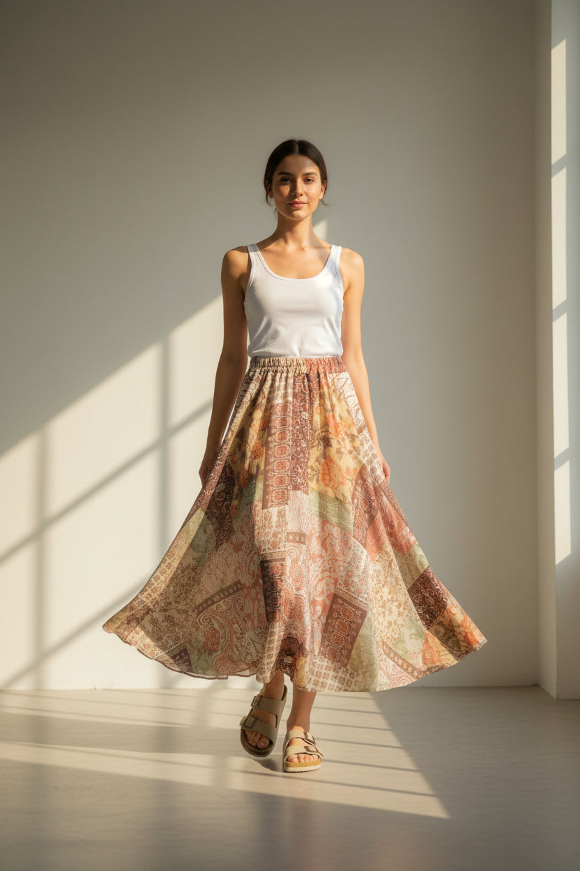 Model purtând fustă lungă satinată cu imprimeu patchwork