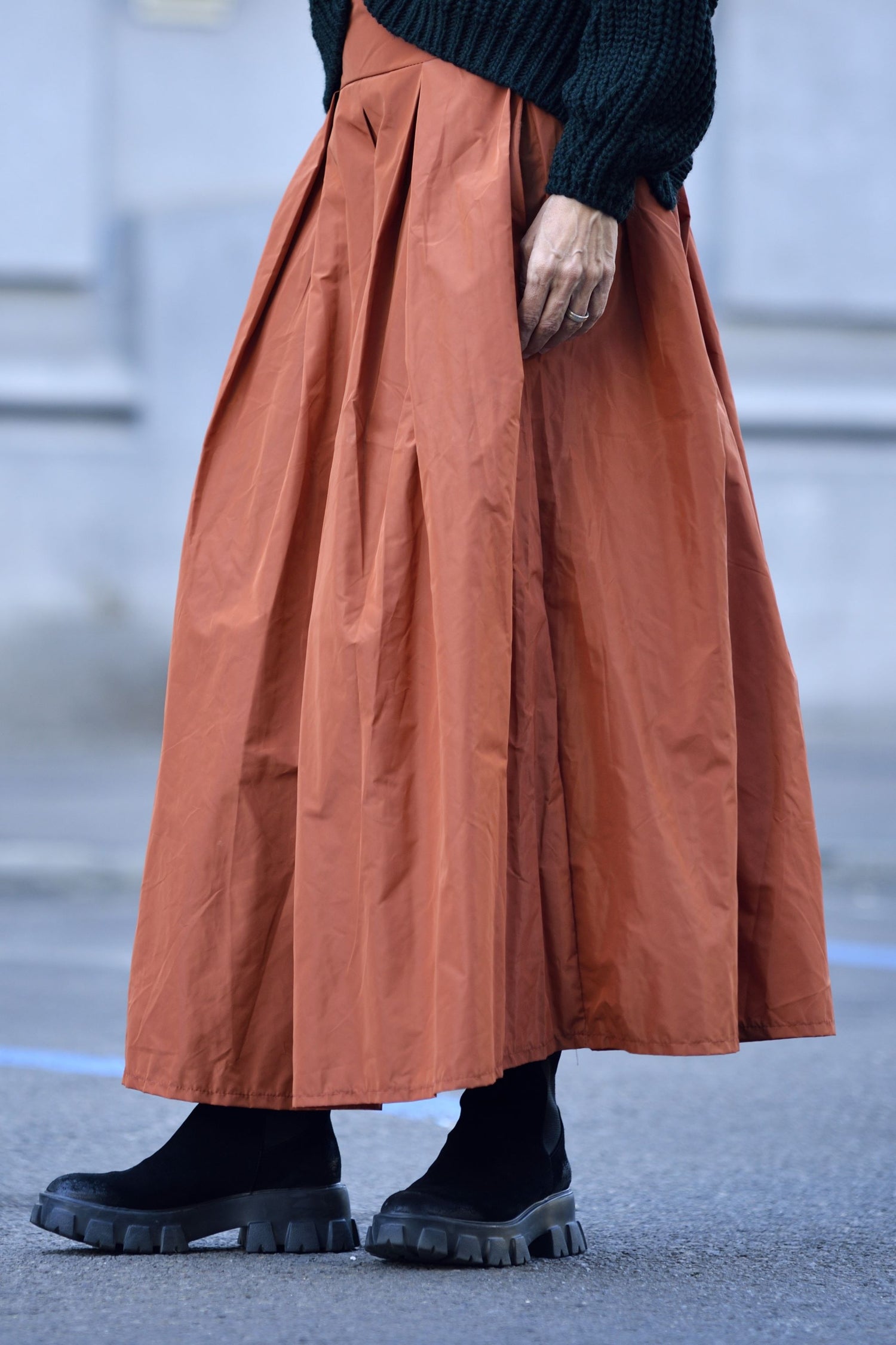 Fustă Lungă Din Tafta Cu Pliuri Elegante