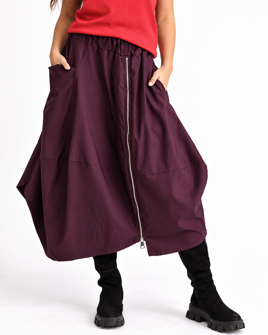 Fustă largă midi cu talie elastică și fermoar descentrat rosu inchis  bordo - All Above Boutique