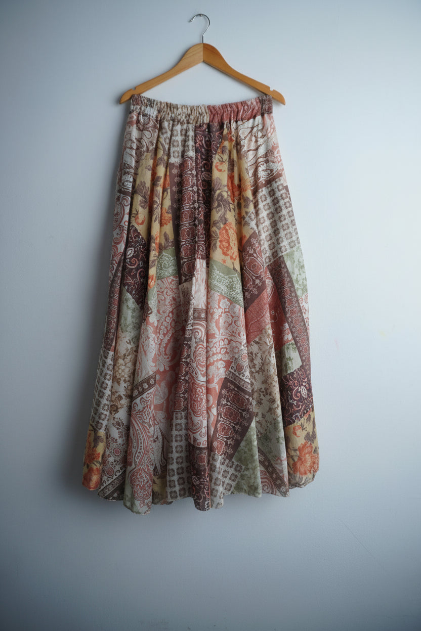 Fustă lungă satinată cu print patchwork pe umeraș