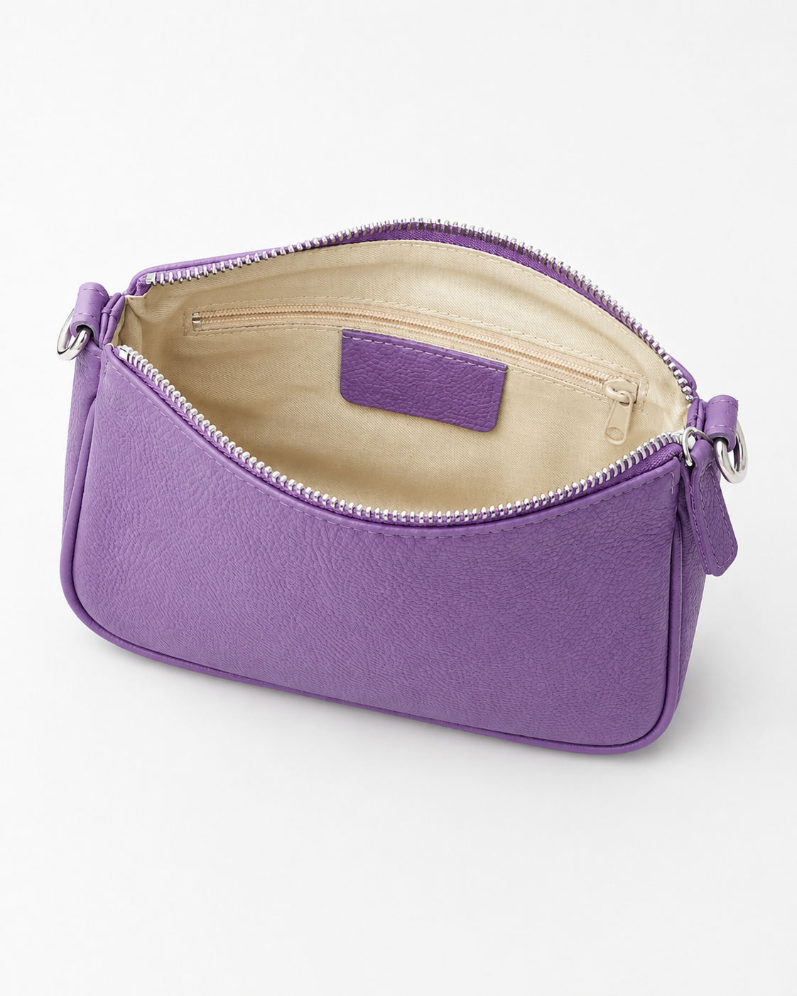 Geantă mini din piele naturală cu lanț decorativ, în nuanța violet închis.