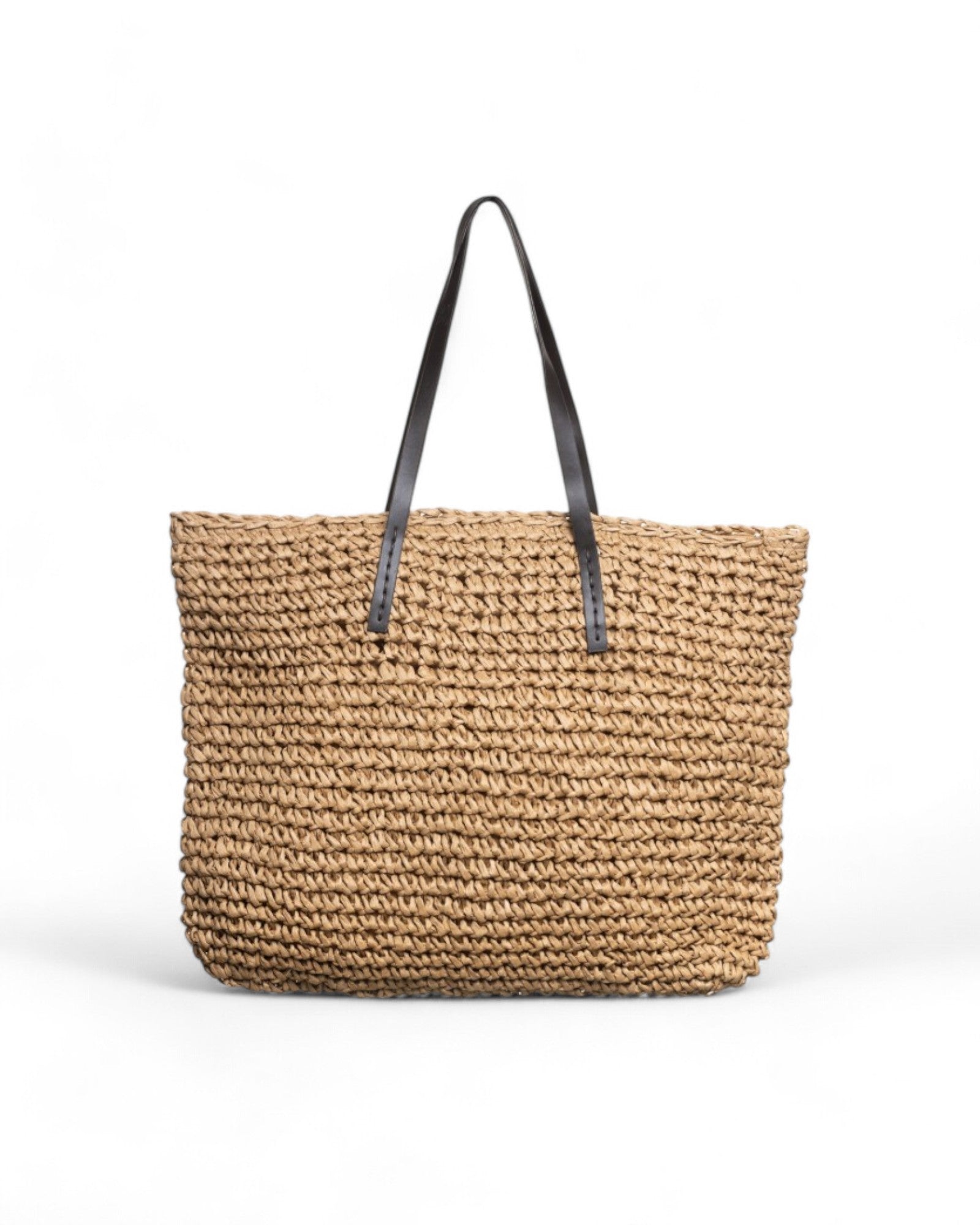 Geantă natur tip shopper, împletită din paie, vedere frontală, cu mânere din piele.
