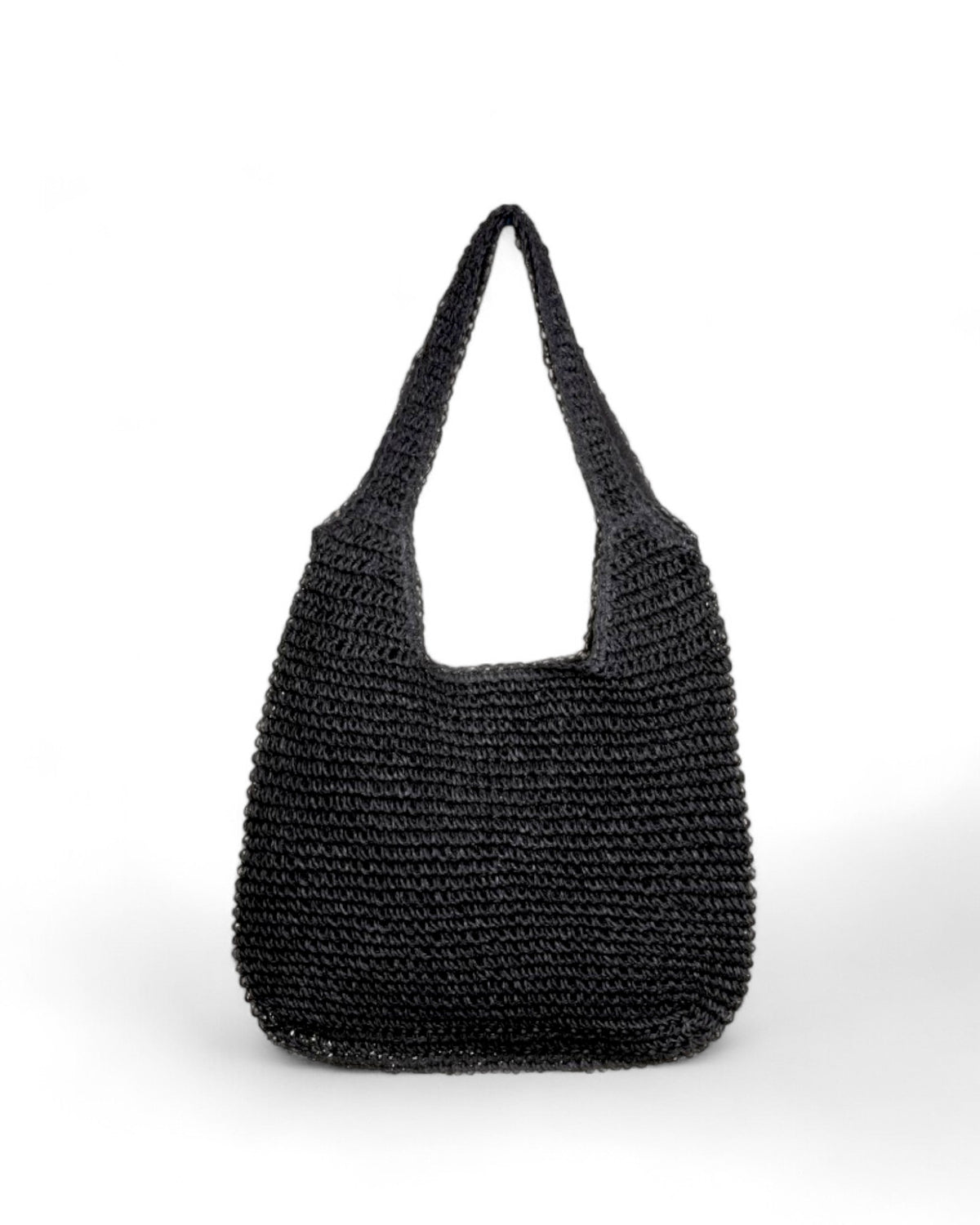 Geantă împletită din paie neagră, tip sac, cu mânere late și design casual.