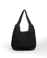 Geantă împletită din paie neagră, tip sac, cu mânere late și design casual.
