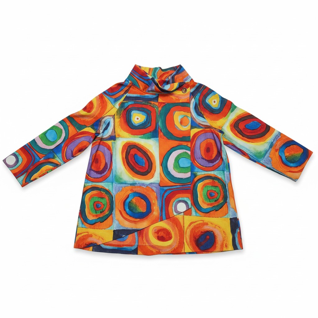 Jachetă damă cu imprimeu geometric în cercuri multicolore, croială asimetrică și guler înalt, vedere frontală