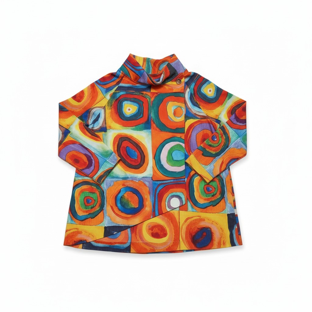 Jachetă damă cu imprimeu geometric tip patchwork în culori vibrante, mâneci lungi și croială asimetrică, fotografiată flat lay