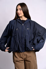 Jachetă impermeabilă bleumarin cu glugă, model larg urban