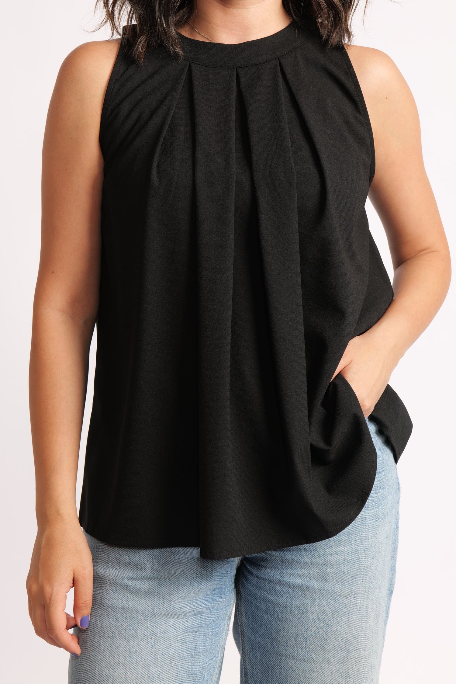 Top Elegant Cu Pliuri – Top Fără Mâneci Cu Decolteu Rotund