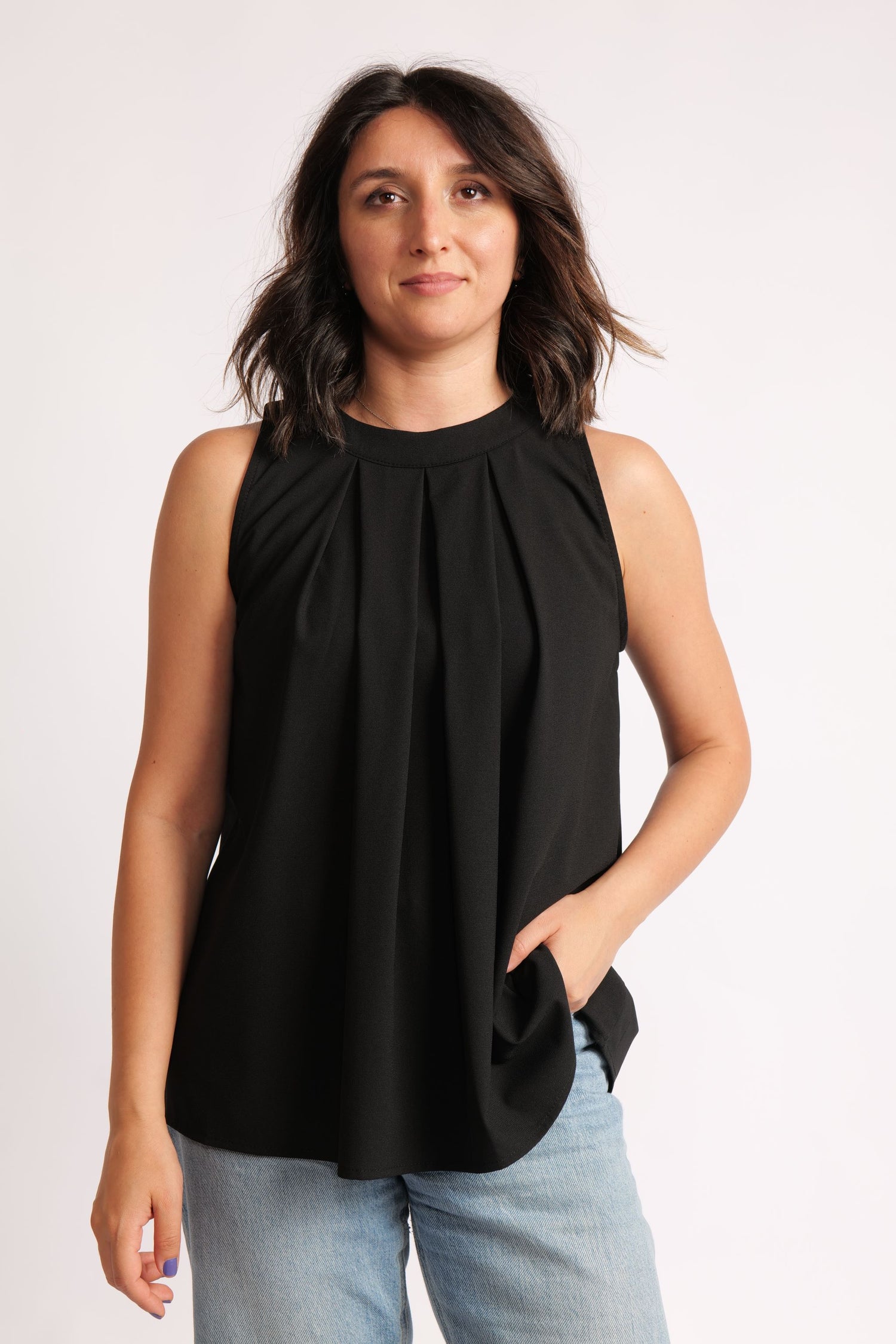 Top Elegant Cu Pliuri – Top Fără Mâneci Cu Decolteu Rotund