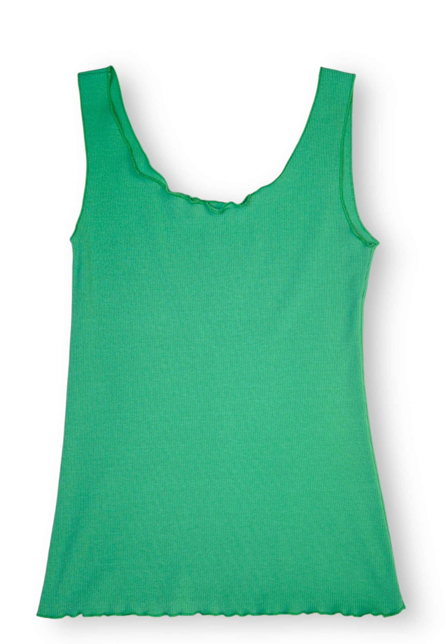 Maiou  verde fără mâneci, din material rib, cu margini ondulate și croială slim fit