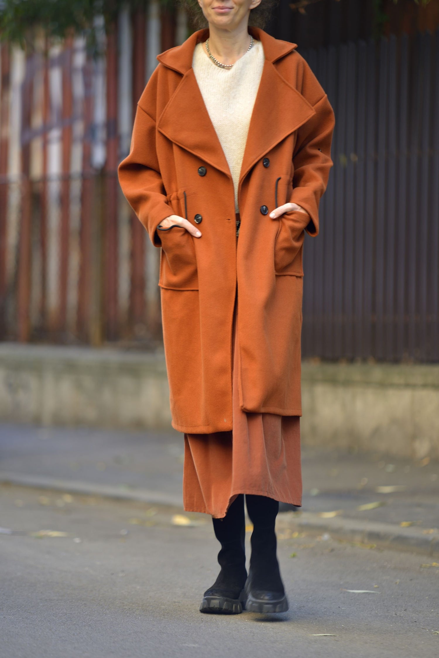 Palton Midi Oversized Cu Nasturi Și Cordon