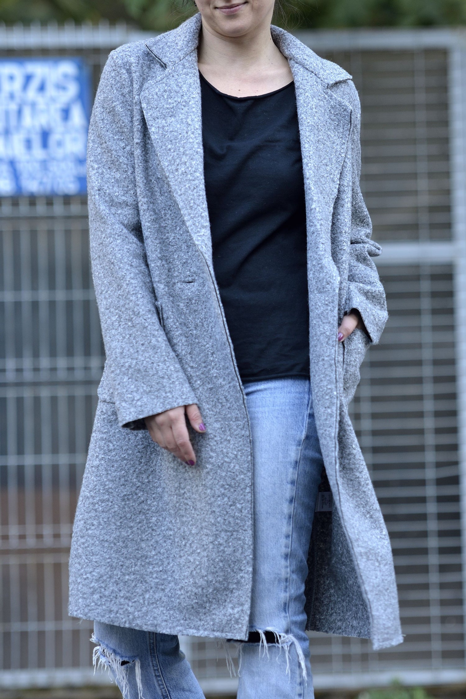 Palton Midi Boucle cu Buzunare Drepte