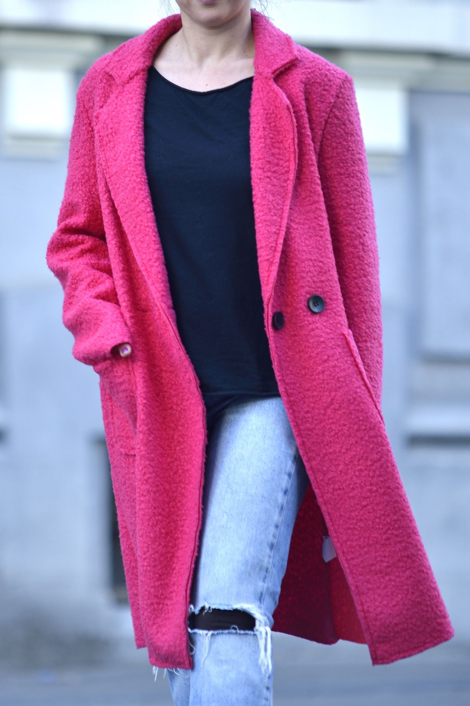 Palton Midi Boucle cu Buzunare Drepte