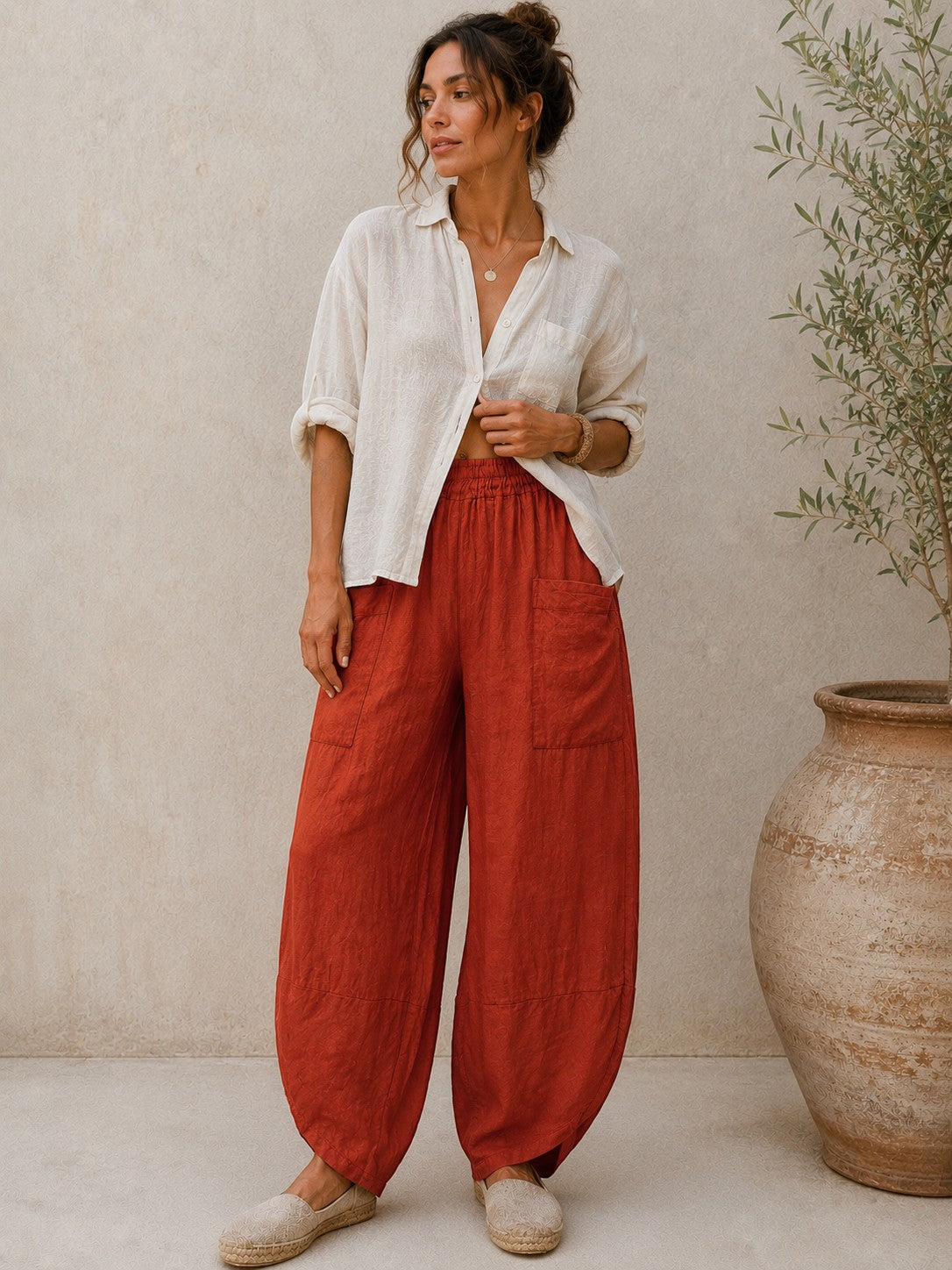 Pantaloni harem cărămizii cu stil casual și material lejer