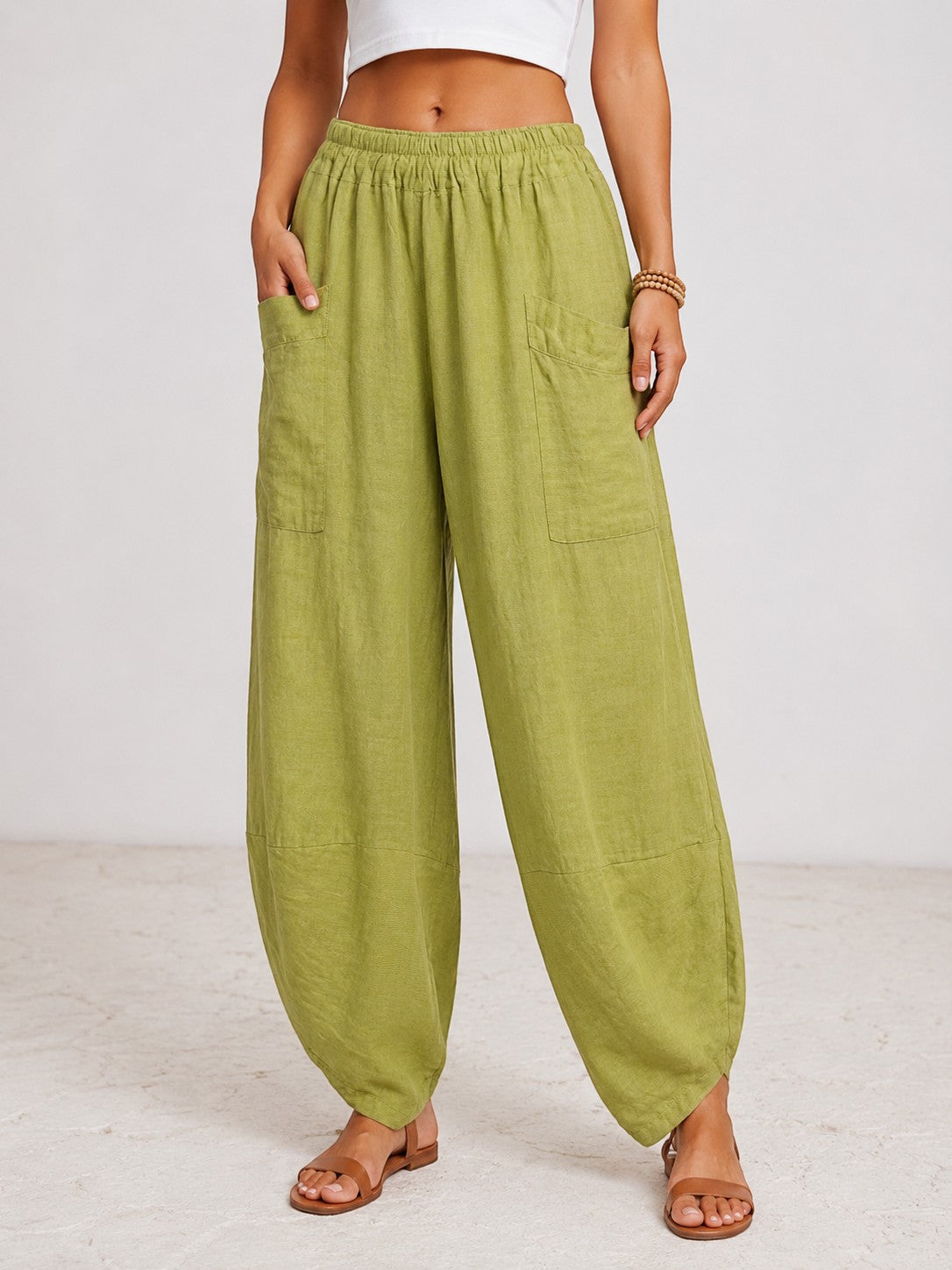 Pantaloni harem verde lime cu design vaporoș și talie confortabilă